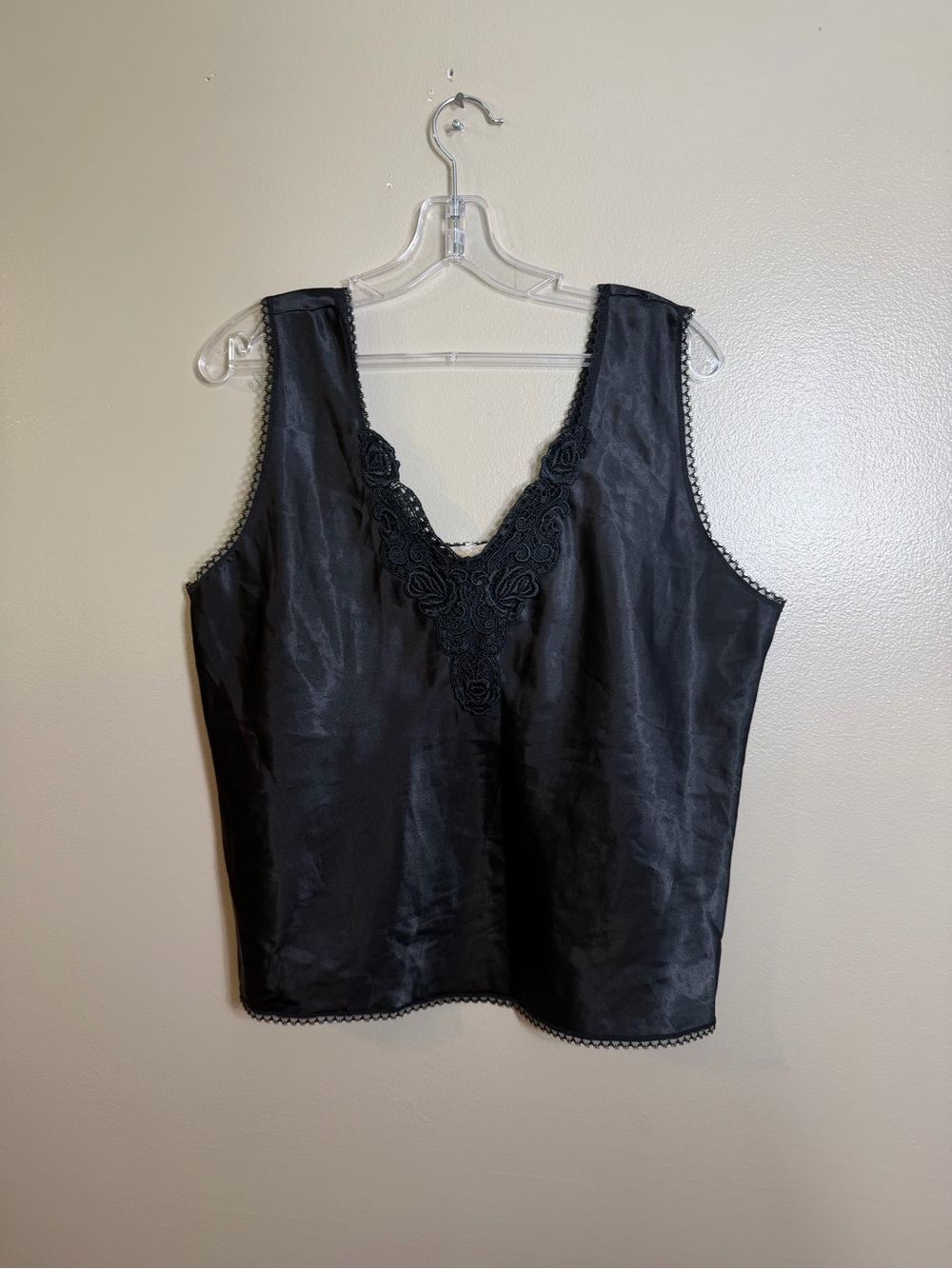 Vintage Escapades Black Satin Lace Cami Top L Made in USA